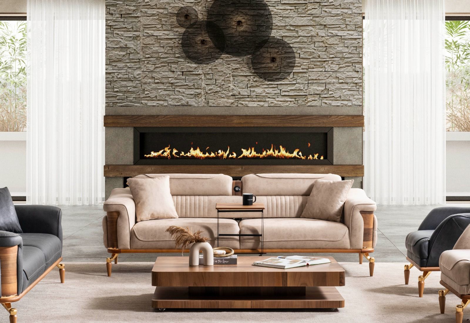 Dubai Modern Şarj Sistemli Üçlü Koltuk