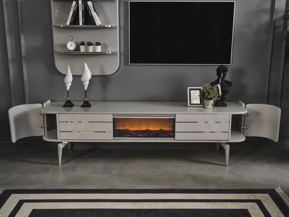 Karya Sis Gri Luxury Şömineli Tv Ünite