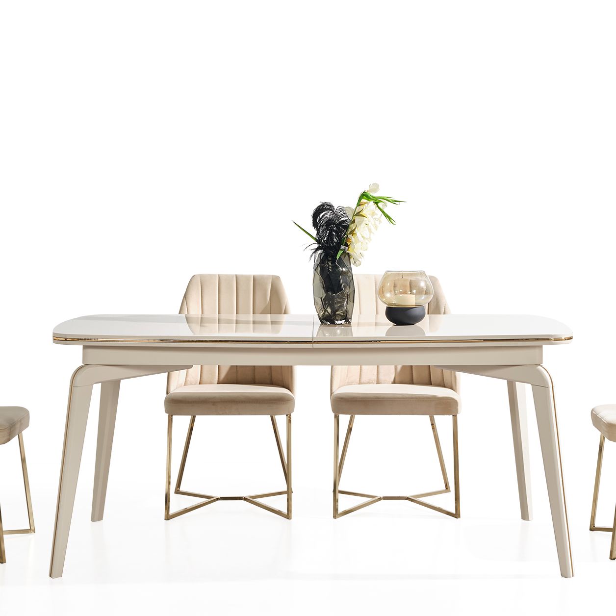 Karya Krem Luxury Yemek Odası Takımı Açılır Masa