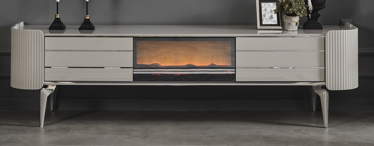 Karya Sis Gri Luxury Şömineli Tv Ünite Şömineli Tv Sehpa