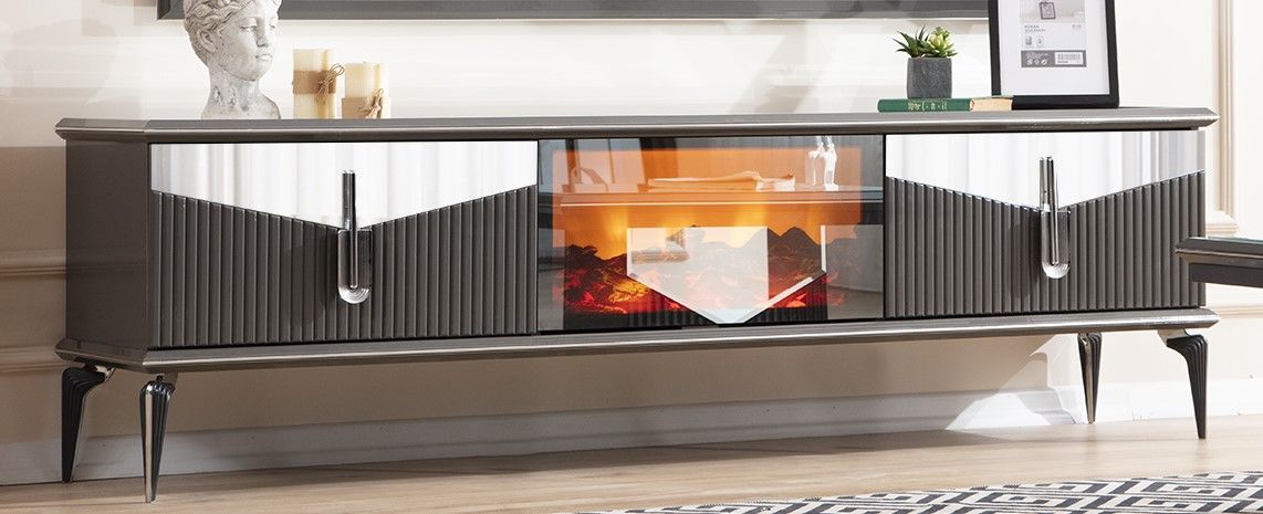 Biga Bronz Luxury Şömineli Tv Ünite Şömineli Tv Sehpa