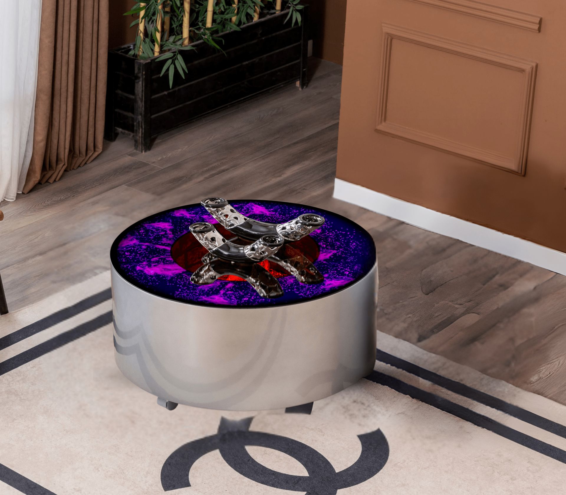 Galaxy Şömineli Gümüş Orta Sehpa