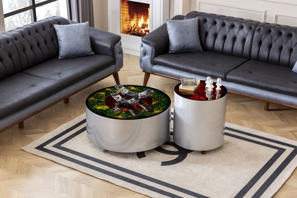 Galaxy Şömineli Gümüş Takım Sehpa