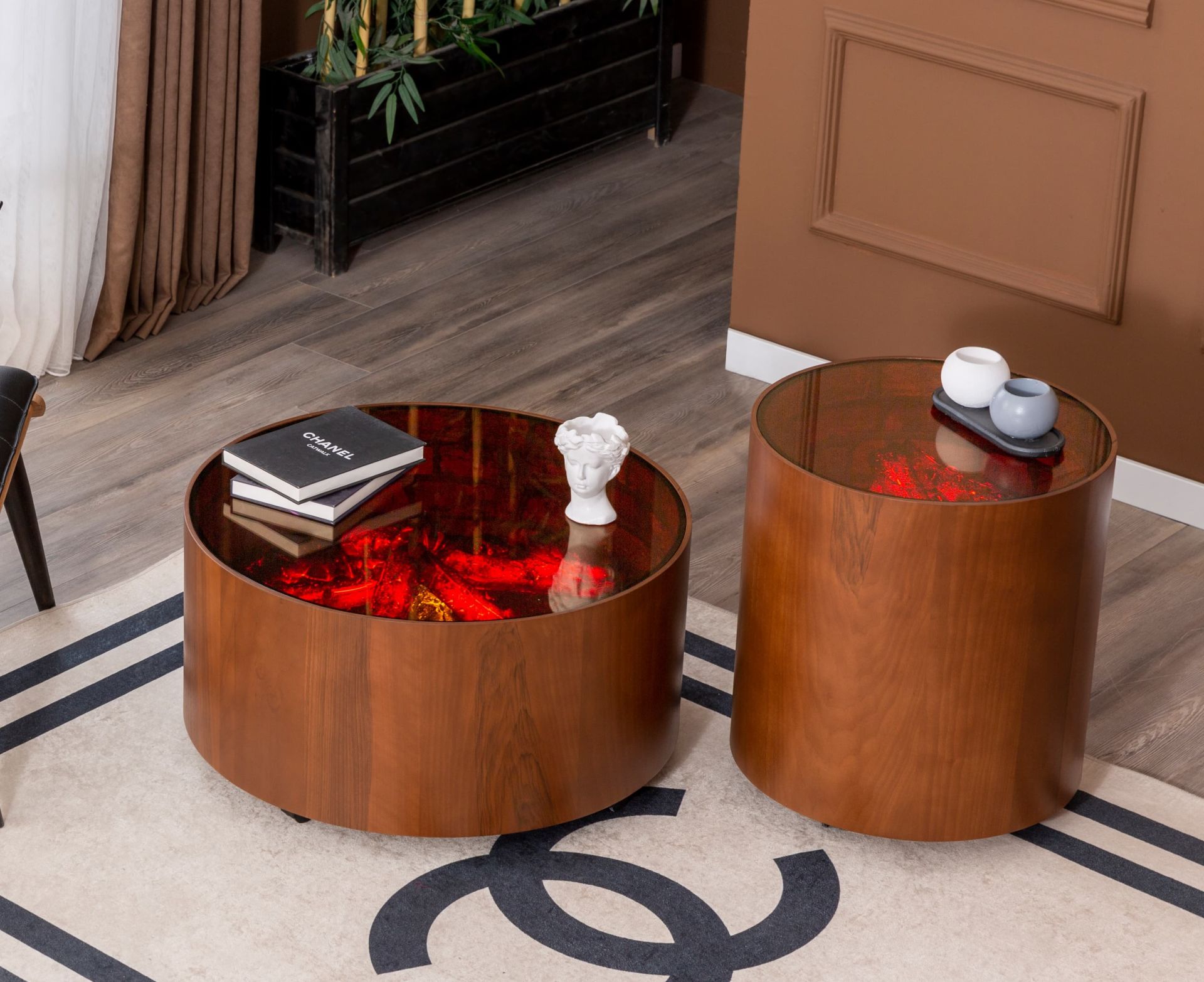 Vega Dual Şömineli Ceviz Takım Sehpa