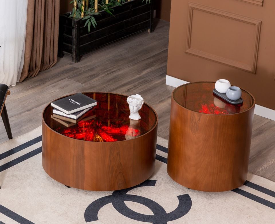 Vega Dual Şömineli Ceviz Takım Sehpa